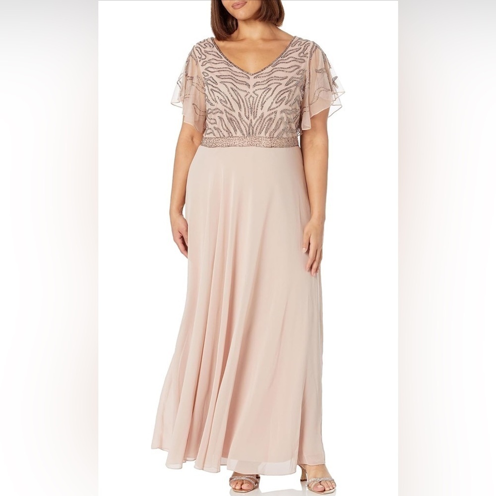 NWT- J Kara V-Neck Flutter Sleeve Beaded Long Dress COLOR: Blush Multi  SIZE:18W